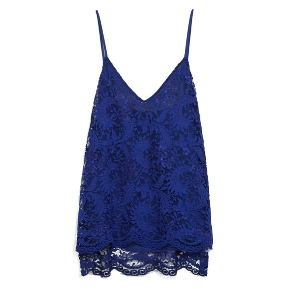 🐯2/$15🐯 ZARA Lace Crochet Indigo Blue Camisole - Picture 1 of 15